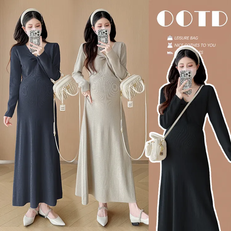 秋冬新款孕妇装V领显瘦孕妇连衣裙时尚百搭孕妇毛衣裙