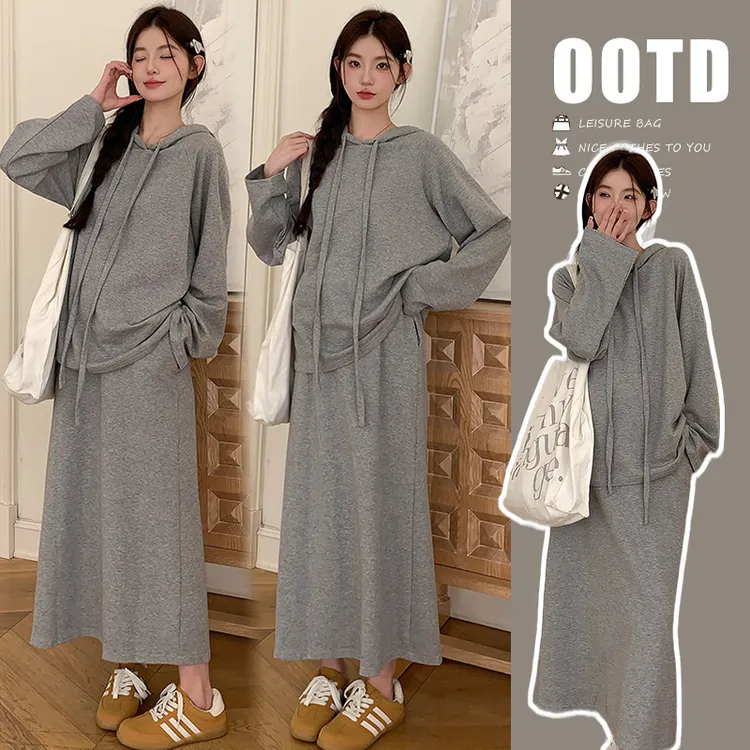 孕妇套装秋装新款连帽插肩袖卫衣两件套秋季新款高腰显瘦半身裙