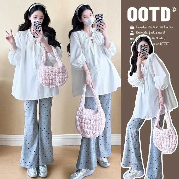 孕妇上衣早秋新款韩系时尚宽松显瘦洋气长袖上衣孕妇波点喇叭裤