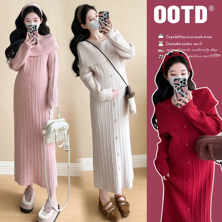 孕妇秋冬针织连衣裙新款温柔慵懒风设计感一字领针织毛衣连衣裙