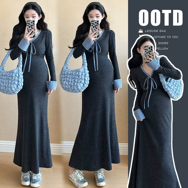 时尚辣妈秋冬装加厚针织格子拼接系带法式修身弹力长款连衣裙