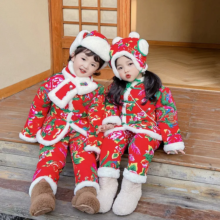 东北大花套装送帽子围巾包包 儿童中国风年服棉袄棉裤宝宝民族风