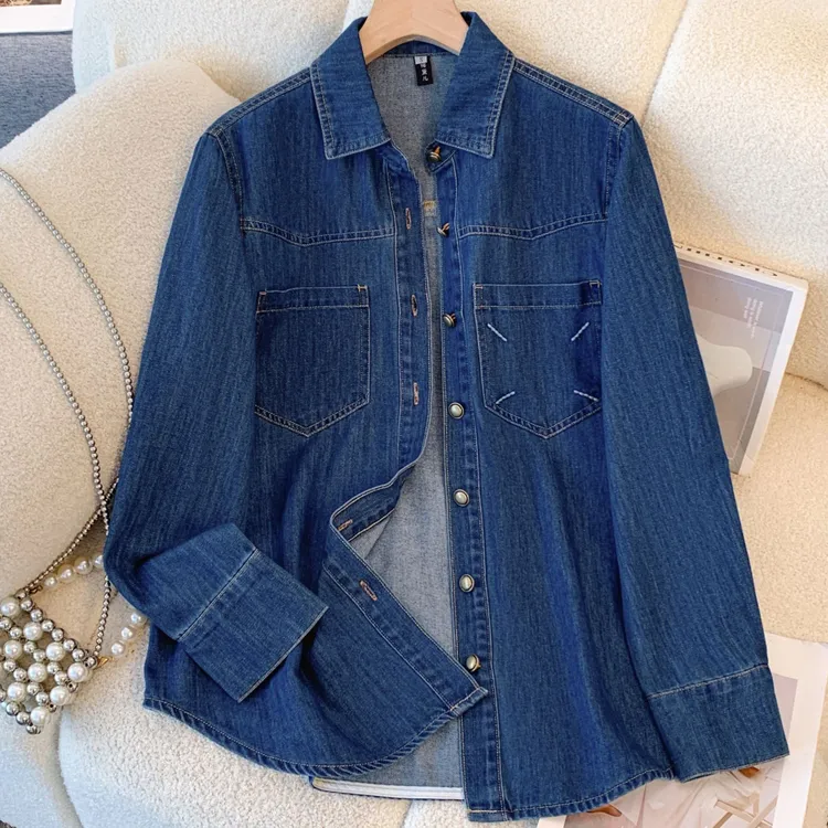 【觅儿全包边不卷边】高品质秋冬新款刺绣口袋叠穿港风宽松牛仔衬衫