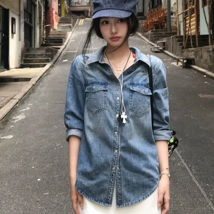 不卷边新款天丝牛仔衬衫女秋季法式复古薄款外套防晒高级感上衣