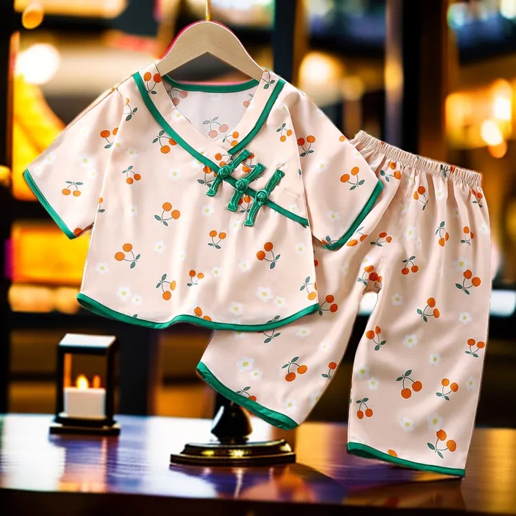 女童棉绸家居服睡衣套装女孩人造棉短袖七分裤汉服中国风空调服
