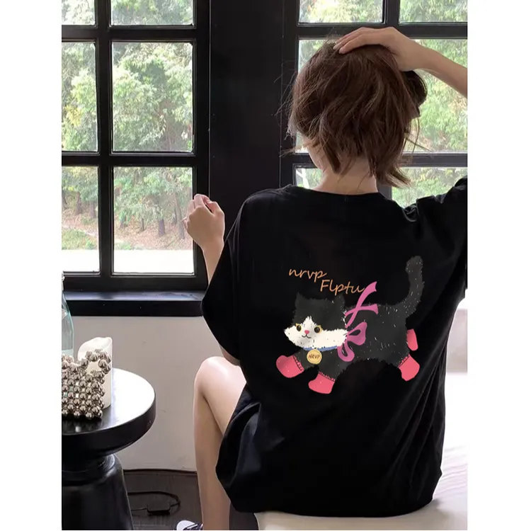 佐朗格奴/100%纯棉韩系ins小众上衣卡通可爱黑猫t恤学院风短袖女