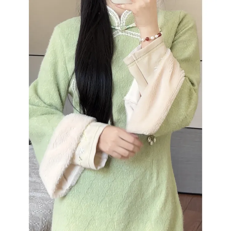 温婉淑女范绿色长袖加绒2024年秋冬新款改良气质优雅显瘦改良旗袍