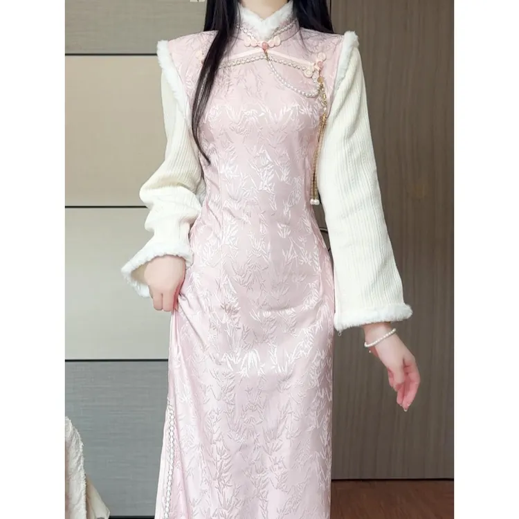 粉色新中式冬季旗袍2025年新款加绒加厚气质高端年轻款连衣裙少女