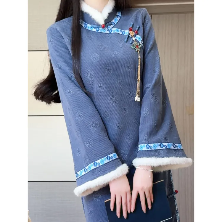 新中式蓝色倒大袖改良旗袍2025年冬季新款加绒加厚气质少女连衣裙