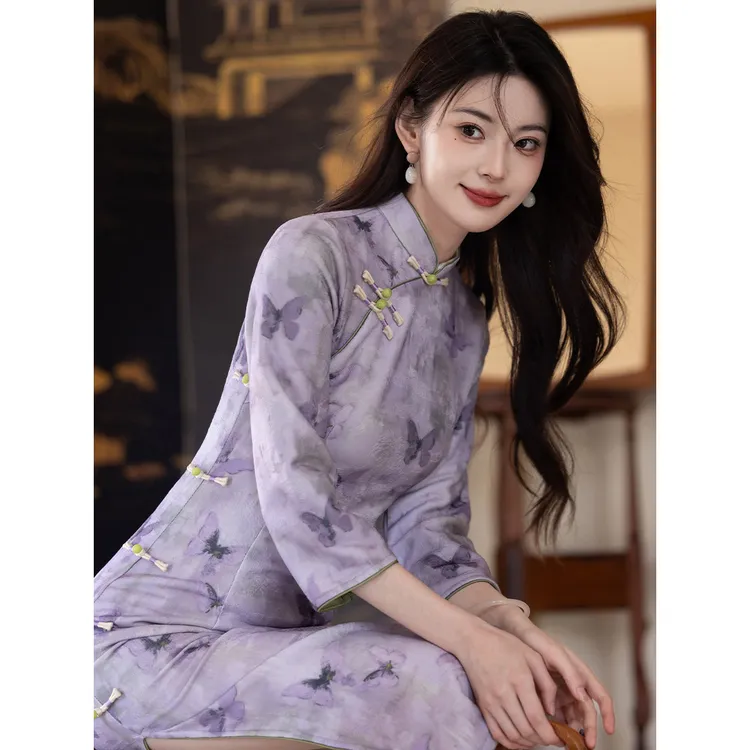 紫色旗袍女2024新款秋装秋冬季长袖改良新中式年轻款少女高端修身