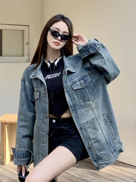牛仔外套女2025春秋款oversized上衣宽松大版型牛仔上衣复古