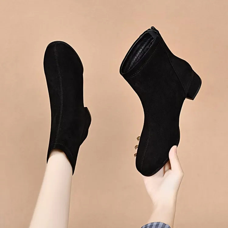 羊皮磨砂后拉链短靴女2024年秋冬季真皮粗跟短靴圆头绒面百搭单靴