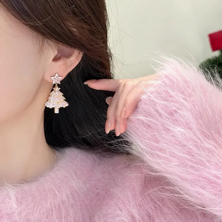 铜合金耳饰 2024年新款精致高级感圣诞树流苏耳环女圣诞耳钉耳饰