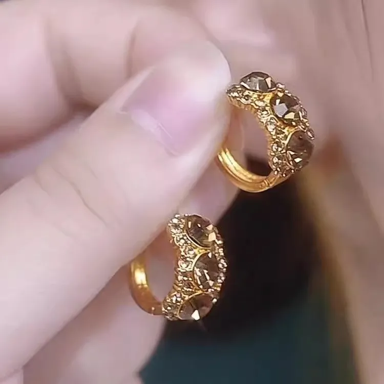 铜合金耳饰 轻奢复古美拉德咖色满钻耳扣耳环精致耳圈高级感耳饰