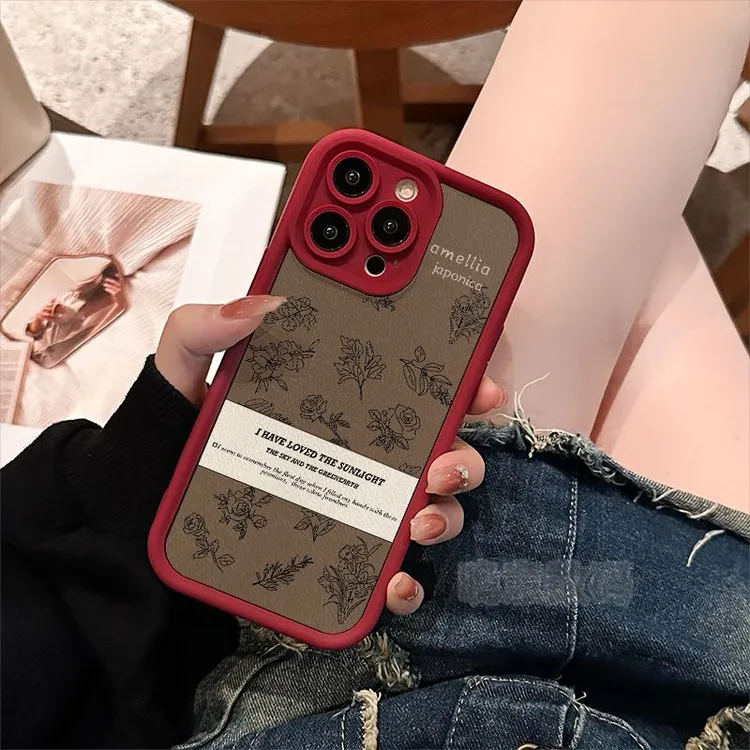 适用于苹果iPhone15promax复古山茶花英文创意全包防摔简约手机壳