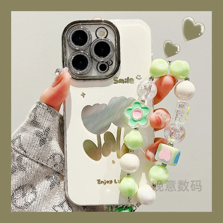 适用苹果iphone15promax高级纱镂空郁金香花朵手链新款防摔手机壳