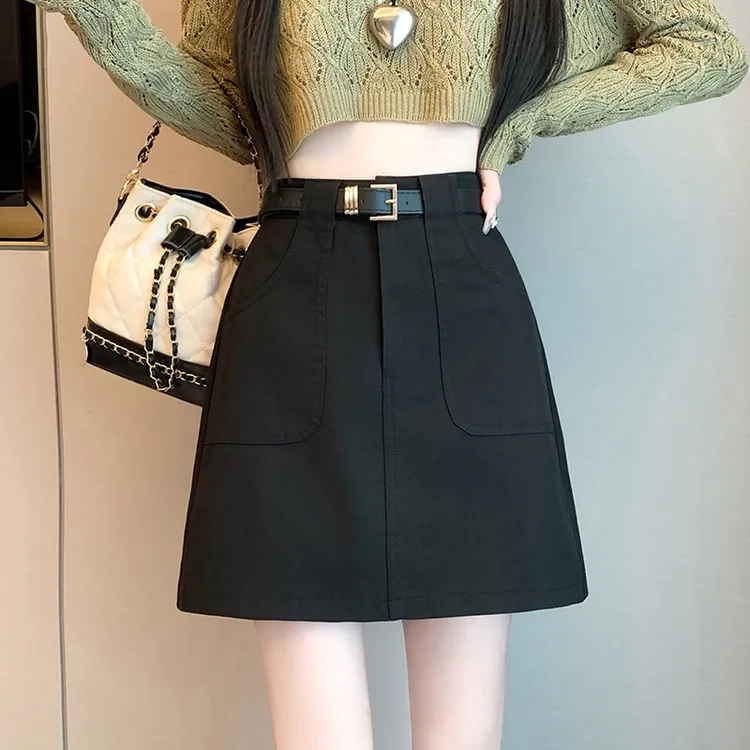 大口袋西装半身裙小个子秋冬2025新款高腰A字短裙显瘦百搭包臀裙