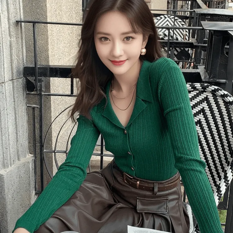 小香风绿色洋气时髦v领针织开衫外套春装女装网红毛衣内搭打底衫