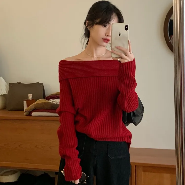 一字肩纯欲露肩针织衫秋冬红色外穿毛衣女内搭打底衫修身气质上衣