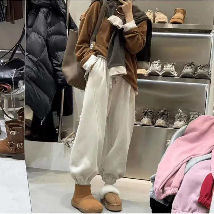 加绒加厚春季欧货宽松束脚休闲裤运动卫裤纯色松紧腰百搭哈伦裤子