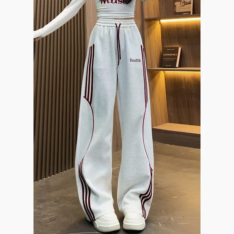 春秋季新款美式撞色条纹卫裤女潮牌垂感休闲裤宽松百搭直筒阔腿裤