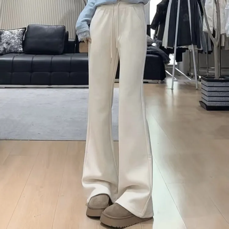 2025秋冬季加绒微喇裤女外穿新款通勤喇叭休闲裤抽绳百搭运动卫裤