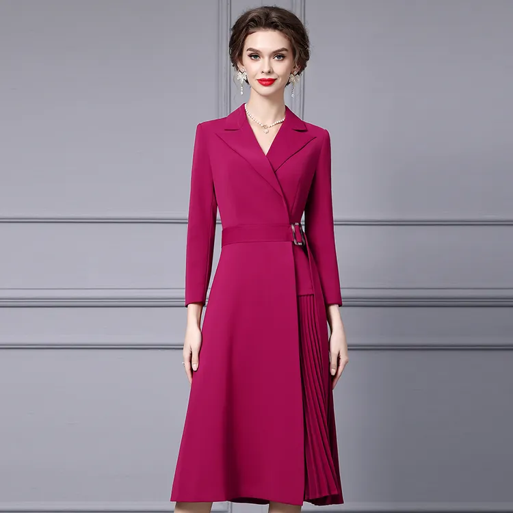 枝荔春秋款连衣裙女长袖高档通勤气质遮肚子西装领风琴折A版裙子