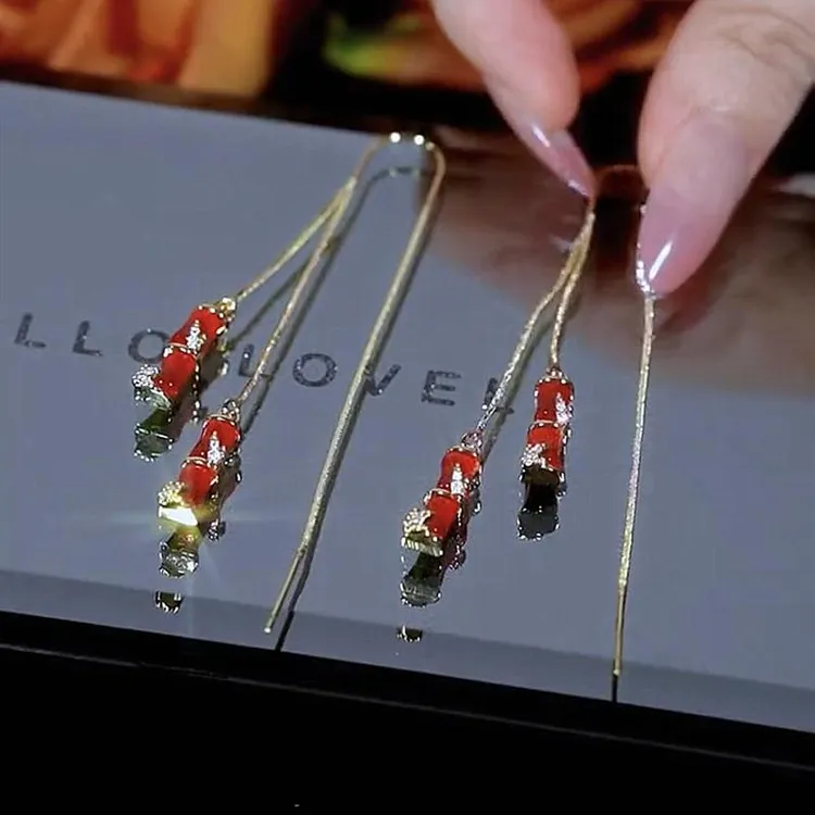 925银耳饰 长款红色竹节耳线耳环正品流苏设计感网红气质百搭耳饰