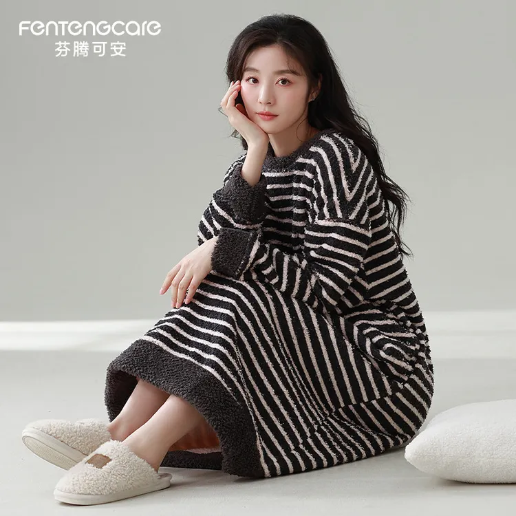 芬腾可安半边绒睡裙女款2025新款秋冬季加厚保暖中长款大码家居服