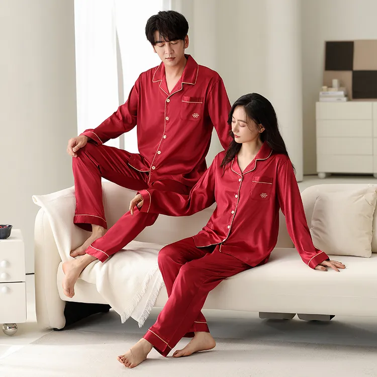 芬腾可安冰丝情侣睡衣男女款大红色新婚结婚春秋季长袖家居服套装