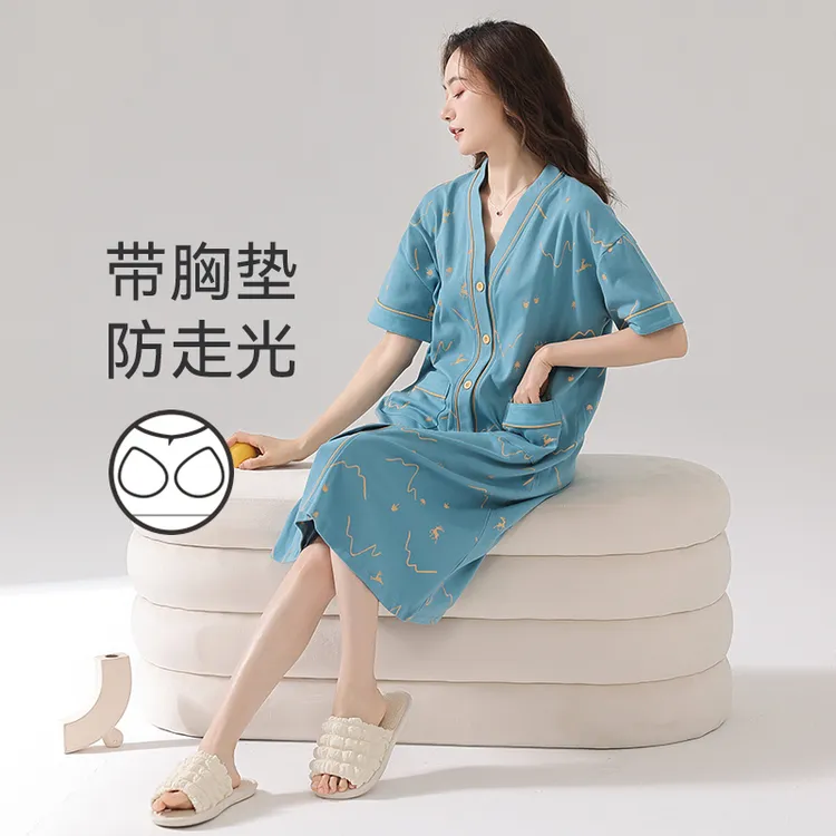芬腾可安夏季纯棉睡裙女士睡衣薄款短袖带胸垫连衣裙休闲宽松大码