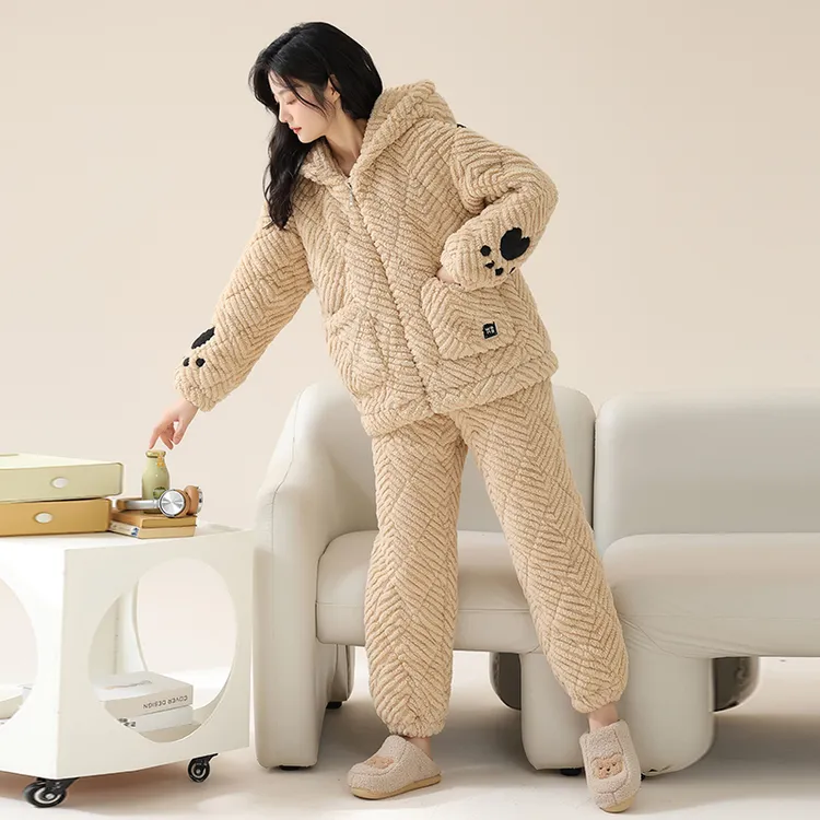 芬腾可安冬季睡衣女加厚珊瑚绒三层夹棉女士保暖可外穿家居服套装