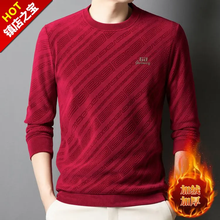 保罗冬季男加绒圆领提花卫衣新款高档休闲T恤打底宽松保暖上衣