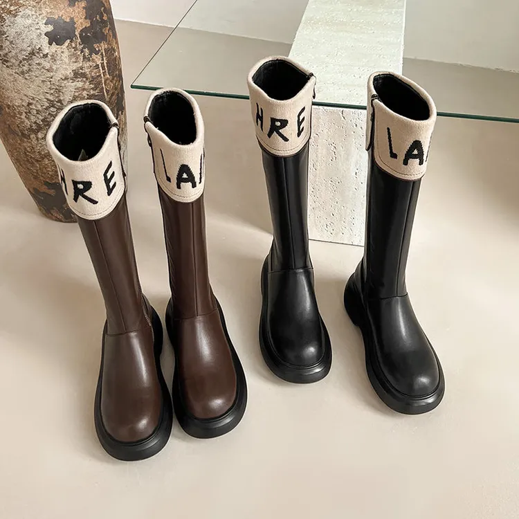 胖mm长筒靴骑士靴秋冬季厚底高筒靴小个子女靴长靴中筒靴真皮字母