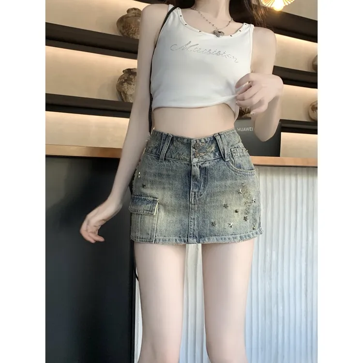 高腰复古牛仔半身裙女装包臀a字短裙夏季小个子显瘦裙子2023新款