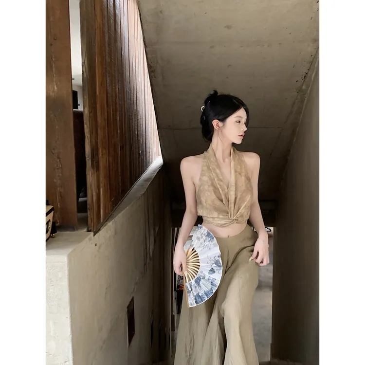 甜辣妹挂脖吊带背心女装夏季绑带设计感小众露背性感短款上衣外穿