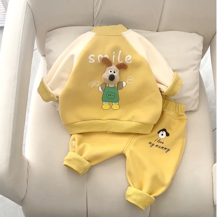 新款宝宝分体套装奥粒绒立体小狗无骨套装外穿衣服加绒保暖春款