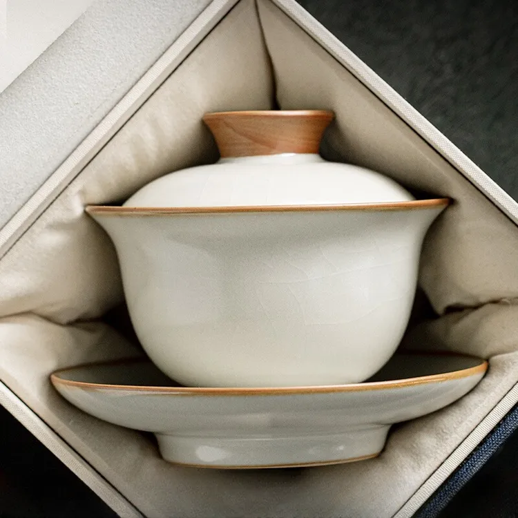 米黄汝窑可悬停三才盖碗陶瓷单个不烫手高档碗杯泡茶家用功夫茶具