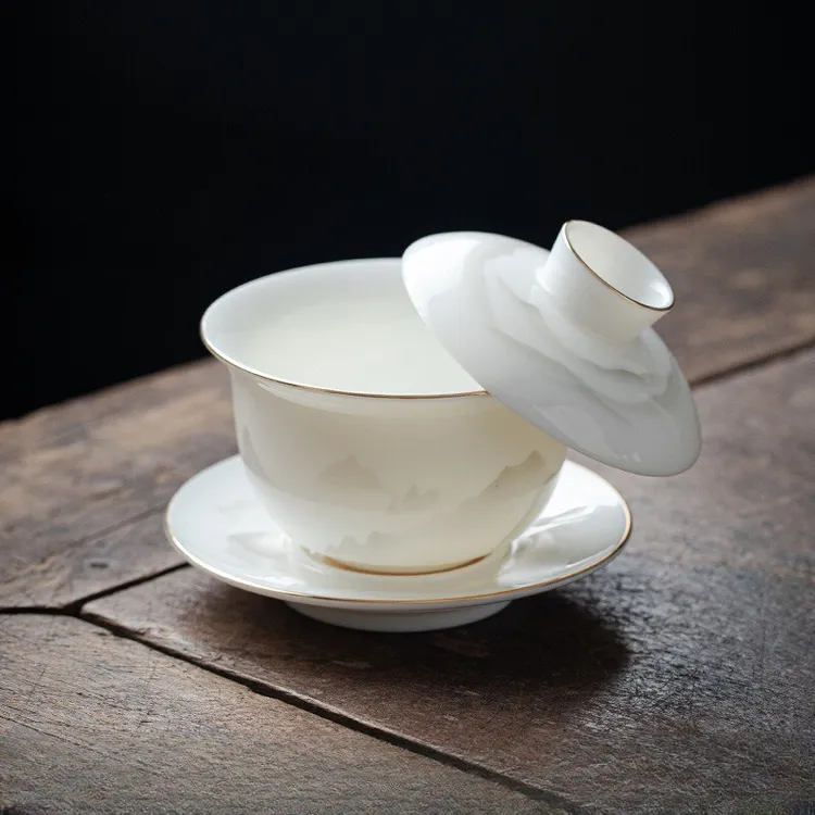 羊脂玉泡茶盖碗可旋转悬停漂移茶杯单个高档白瓷不烫手陶瓷功夫具