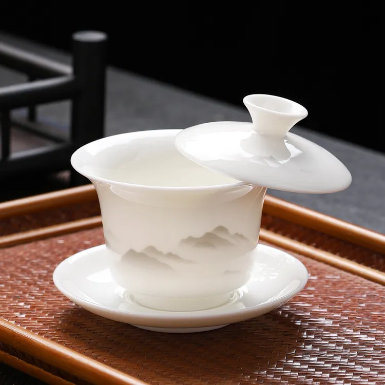 羊脂玉瓷可悬停旋转三才盖碗茶杯水墨山水泡茶碗单个高档家用茶具