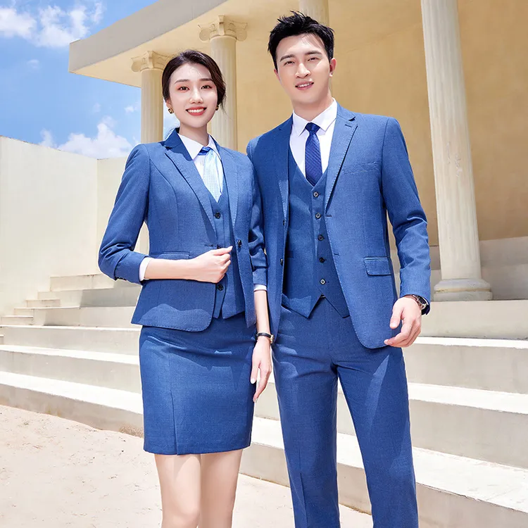 雾霾西装套装蓝色西服套装男女同款工作服正装商务职业装4s店