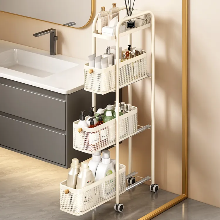卫生间奶白夹缝小推车浴室洗漱台夹缝柜一体式厕所马桶收纳置物架