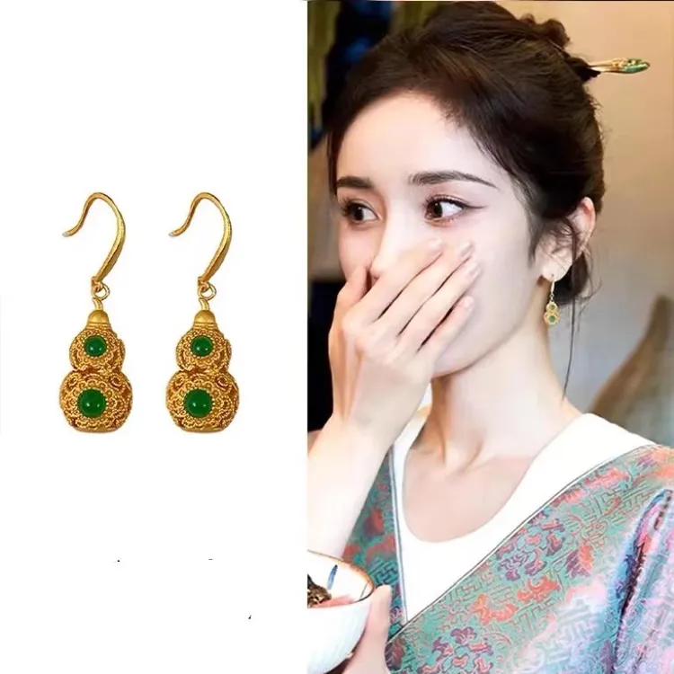 铜合金耳饰 杨幂同款金色镂空葫芦耳环新中式气质旗袍配饰国潮金