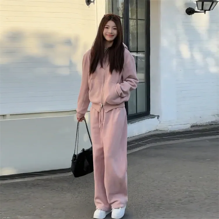 韩系温柔纯色卫衣阔腿裤套装女2025春季新款设计感遮肉显瘦两件套