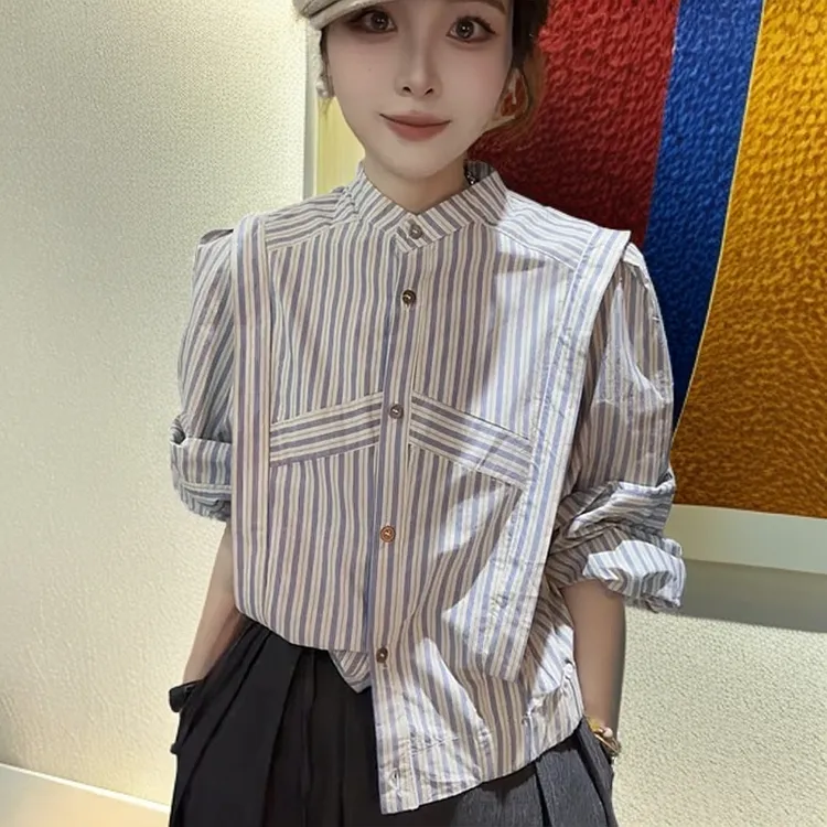 2025春季新款女装百搭简约大气打底衬衫韩系时尚洋气条纹长袖衬衫