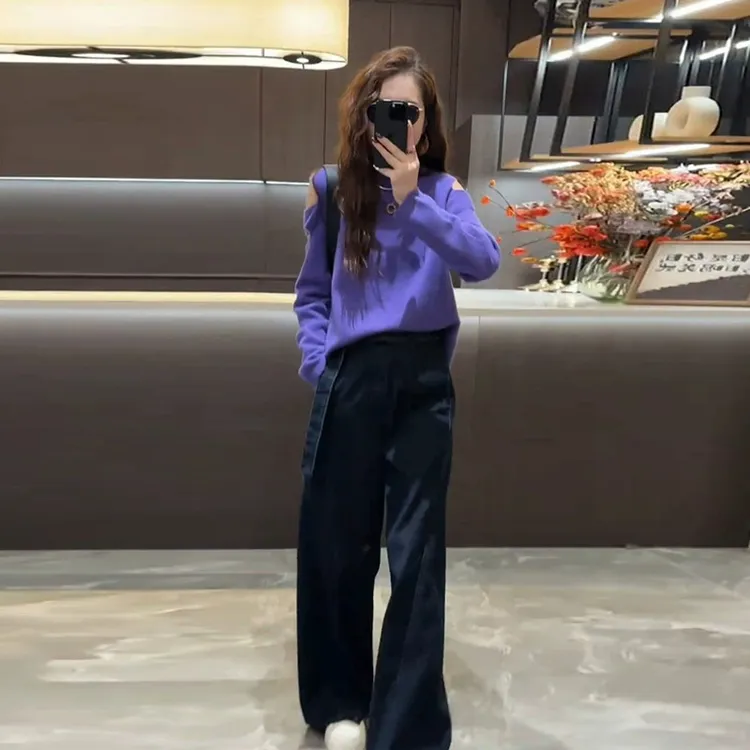 气质百搭露肩针织衫牛仔裤套装女2026春季新款今年流行温柔两件套