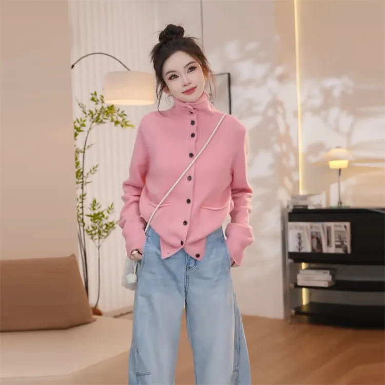 文艺气质百搭纯色针织开衫女2025春季新款立领单排扣修身显瘦上衣