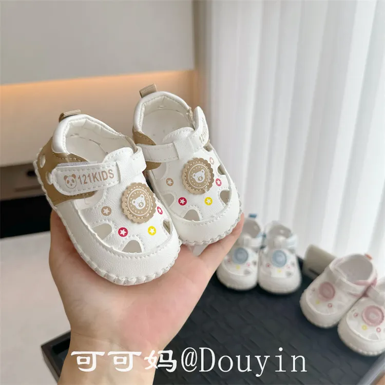 夏季0-1岁宝宝6-12个月婴儿学步鞋软胶底防滑镂空包头不掉跟凉鞋