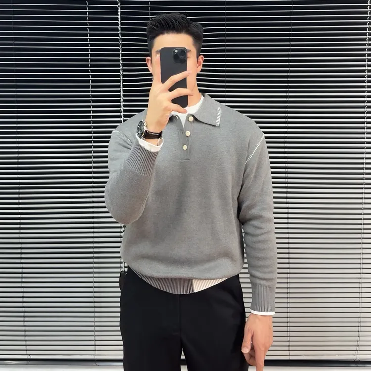 12针棉纱线柔软亲肤翻领polo衫毛衣痞帅休闲辑明线男士修身针织衫
