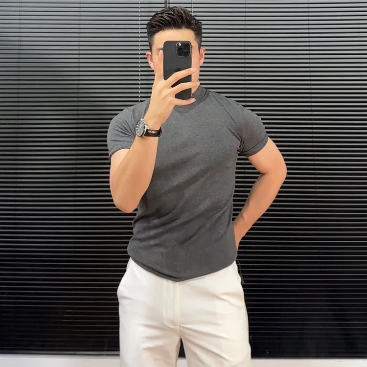 92%棉紧身小中领短袖体恤男士夏季新款修身纯色百搭T恤圆领简约